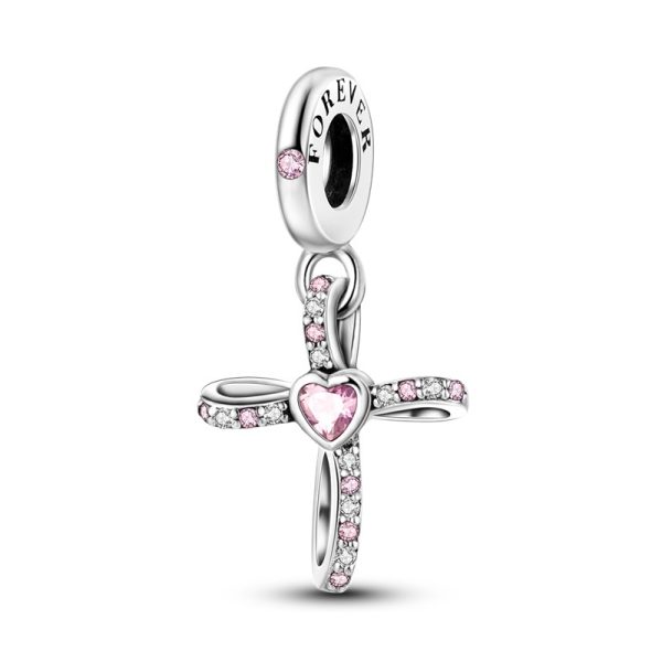 Cross with Pink Heart Charm